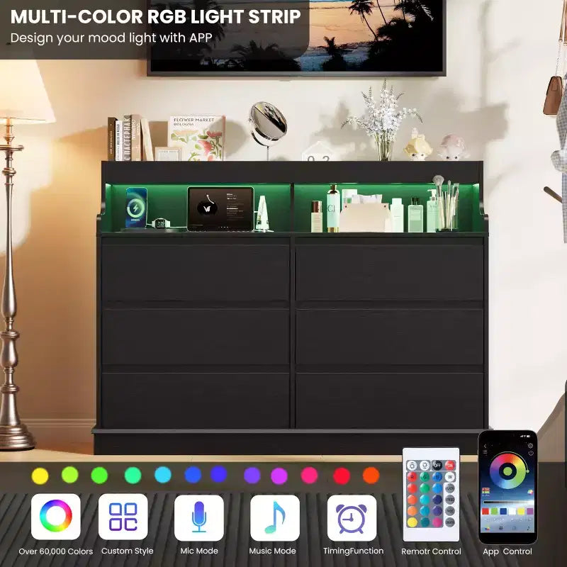 Commode 6 tiroirs en chêne | Lumières LED RGB et station de charge, rangement de chambre