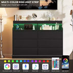 Commode 6 tiroirs en chêne | Lumières LED RGB et station de charge, rangement de chambre