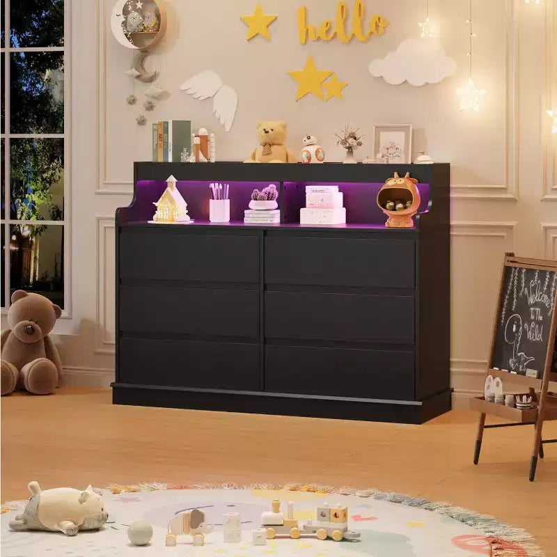 Commode 6 tiroirs en chêne | Lumières LED RGB et station de charge, rangement de chambre