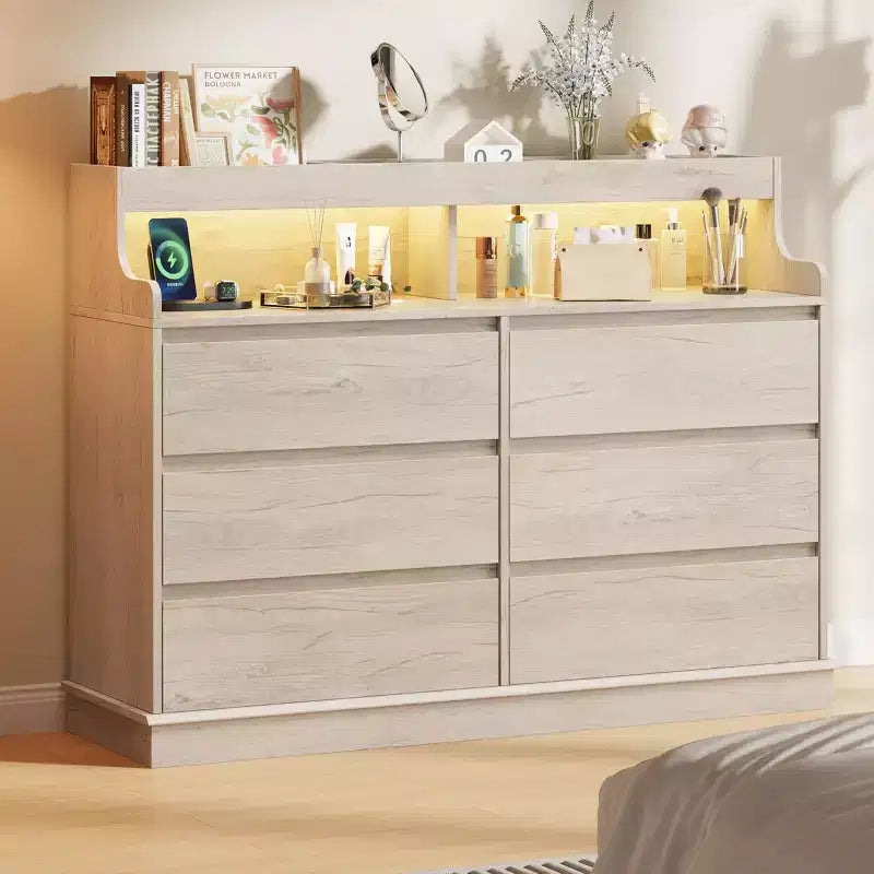Commode 6 tiroirs en chêne | Lumières LED RGB et station de charge, rangement de chambre