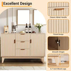 Buffet en bois cannelé de style milieu de siècle | 3 tiroirs, grand bahut et bar à café
