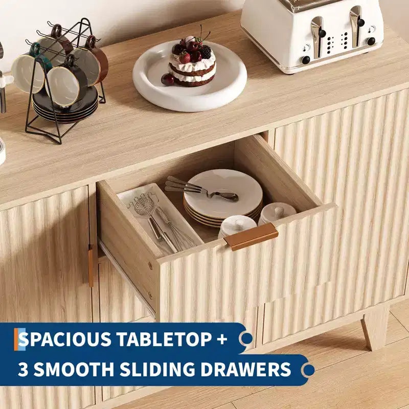 Buffet en bois cannelé de style milieu de siècle | 3 tiroirs, grand bahut et bar à café