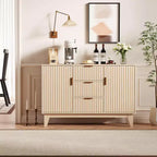 Buffet en bois cannelé de style milieu de siècle | 3 tiroirs, grand bahut et bar à café