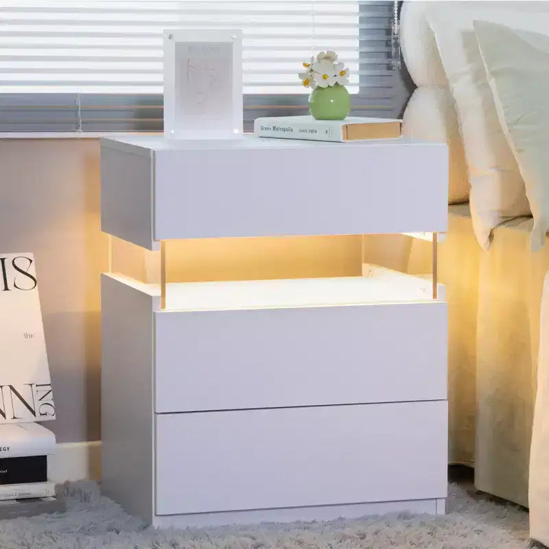 Commode de chevet à 3 tiroirs avec LED | Plateau en acrylique, Table de chevet blanche