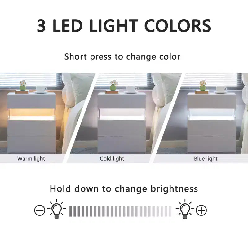 Commode de chevet à 3 tiroirs avec LED | Plateau en acrylique, Table de chevet blanche
