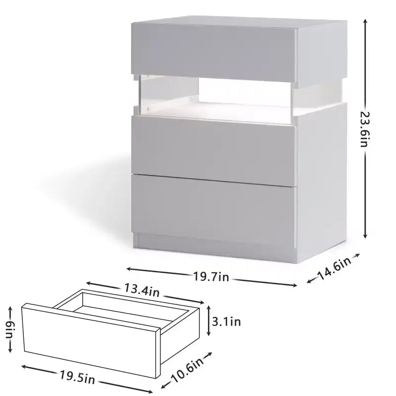 Commode de chevet à 3 tiroirs avec LED | Plateau en acrylique, Table de chevet blanche