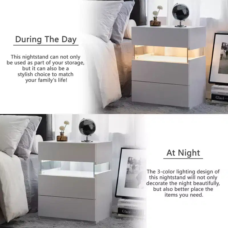 Commode de chevet à 3 tiroirs avec LED | Plateau en acrylique, Table de chevet blanche