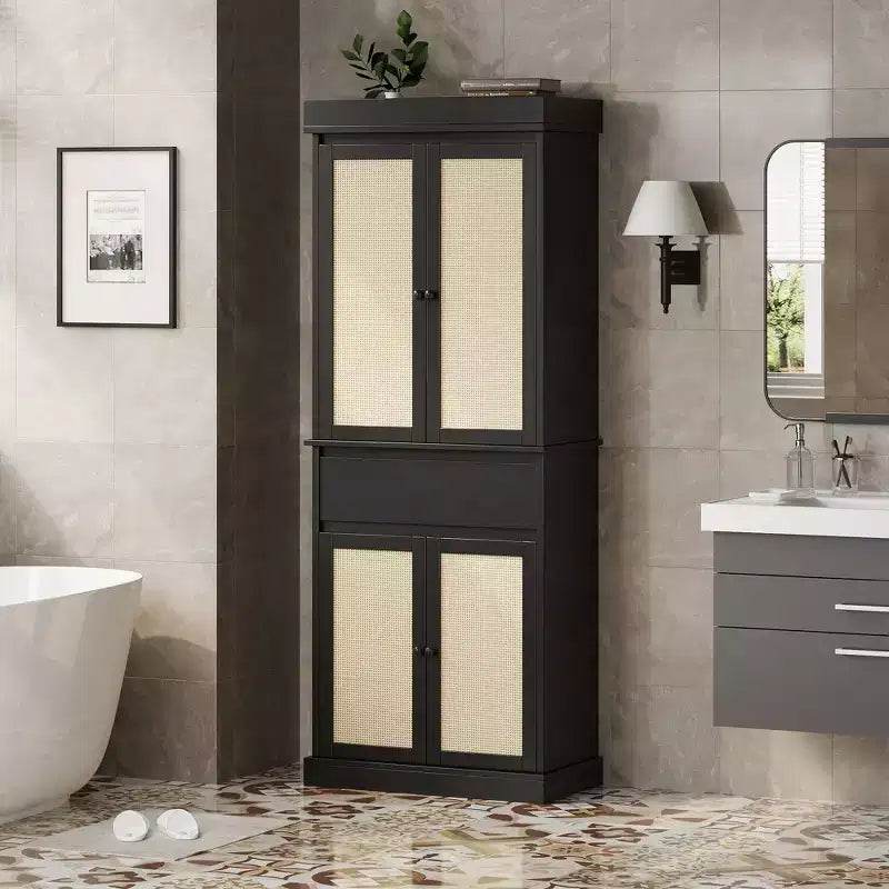 Meuble de rangement de cuisine en rotin de 175 cm | Tiroir, portes et étagères réglables