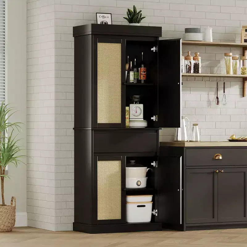 Meuble de rangement de cuisine en rotin de 175 cm | Tiroir, portes et étagères réglables