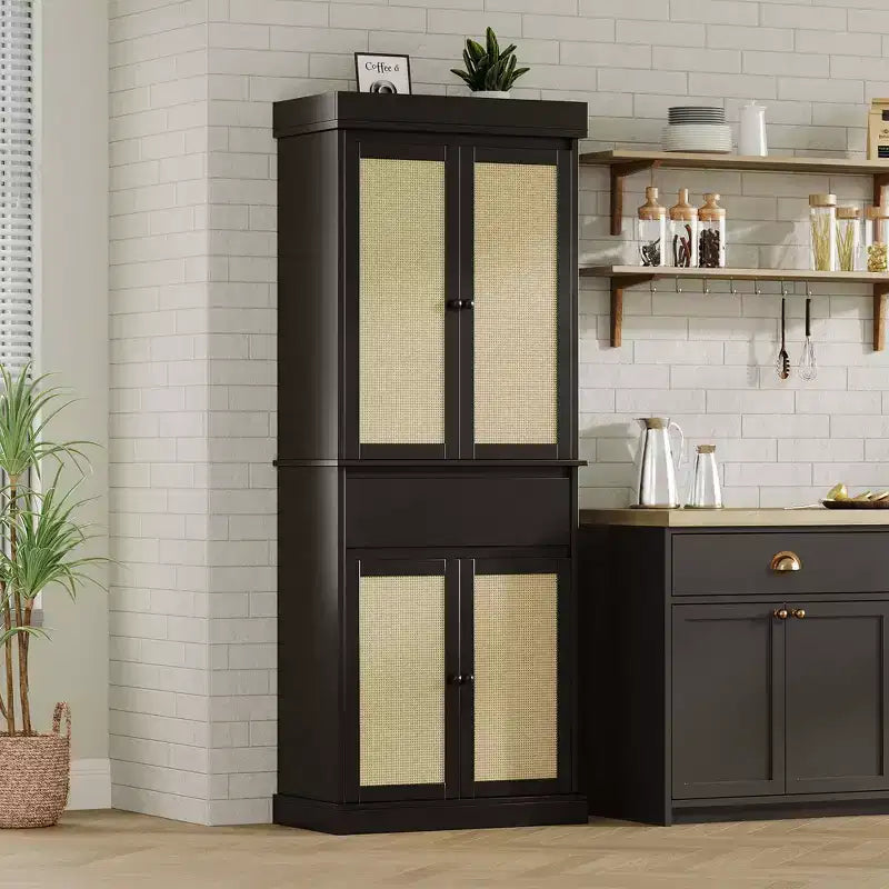 Meuble de rangement de cuisine en rotin de 175 cm | Tiroir, portes et étagères réglables