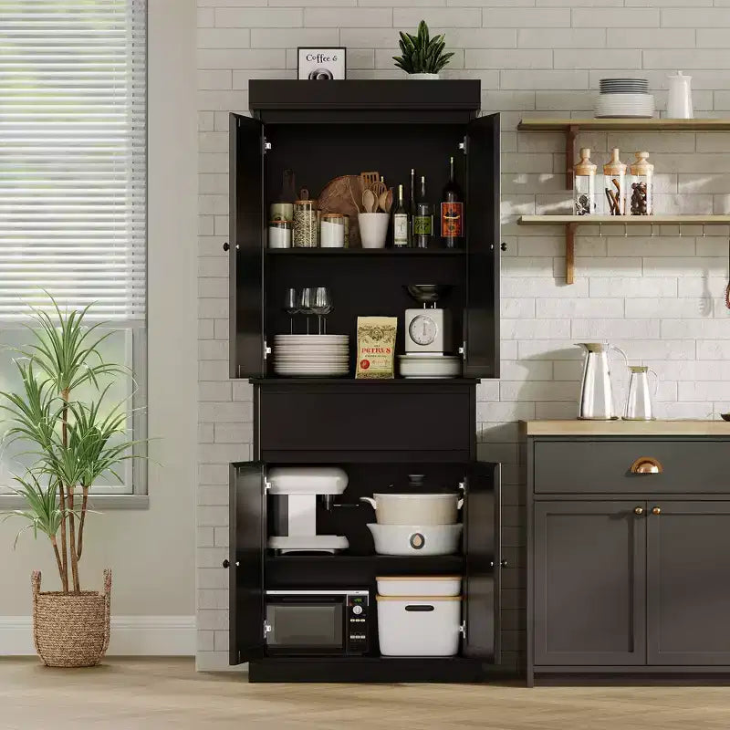 Meuble de rangement de cuisine en rotin de 175 cm | Tiroir, portes et étagères réglables