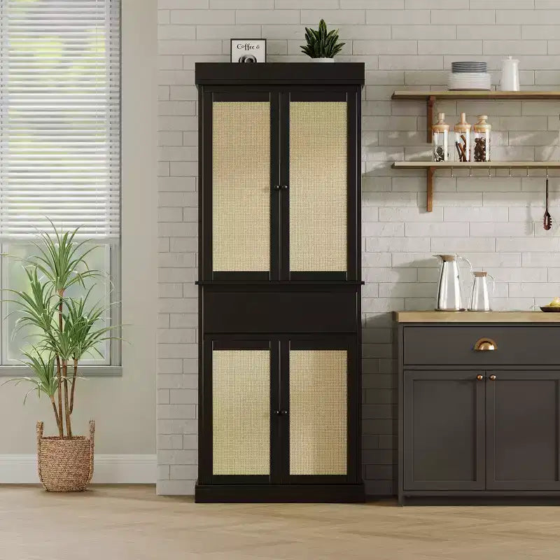 Meuble de rangement de cuisine en rotin de 175 cm | Tiroir, portes et étagères réglables