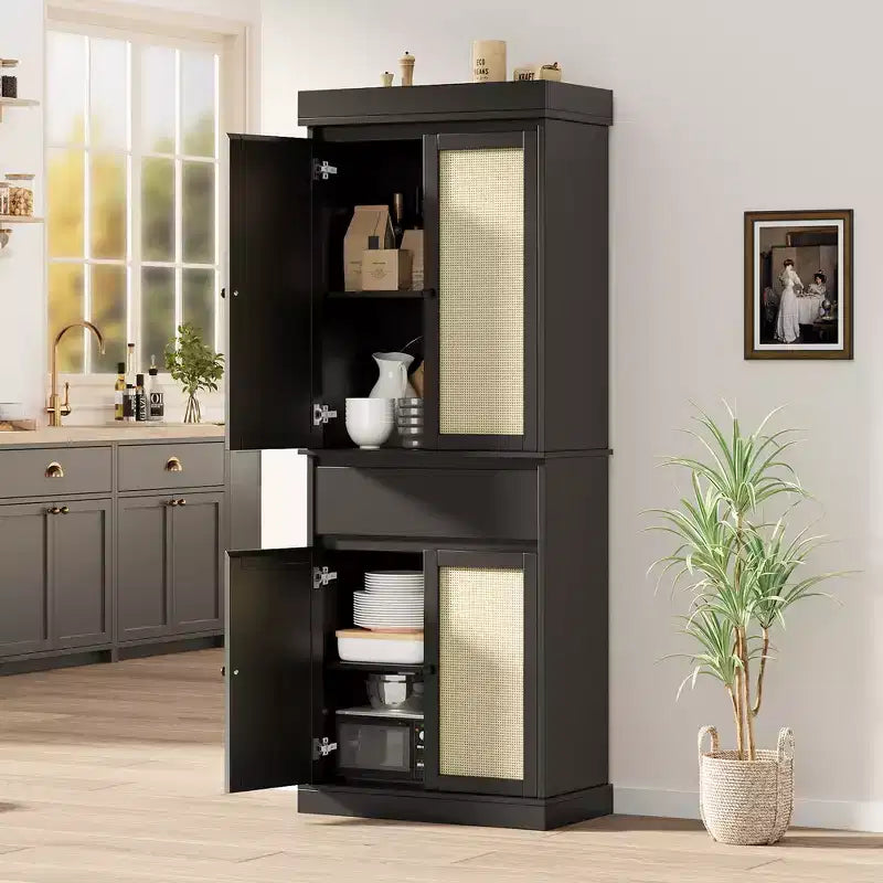 Meuble de rangement de cuisine en rotin de 175 cm | Tiroir, portes et étagères réglables