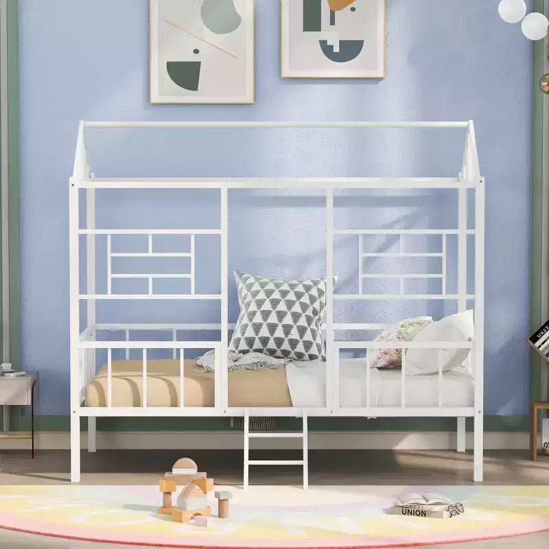 Cadre de lit plateforme double en métal | Style cabane basse, support à lattes pour enfants