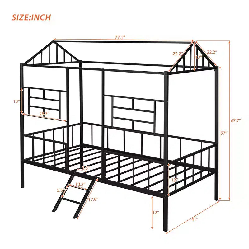 Cadre de lit plateforme double en métal | Style cabane basse, support à lattes pour enfants