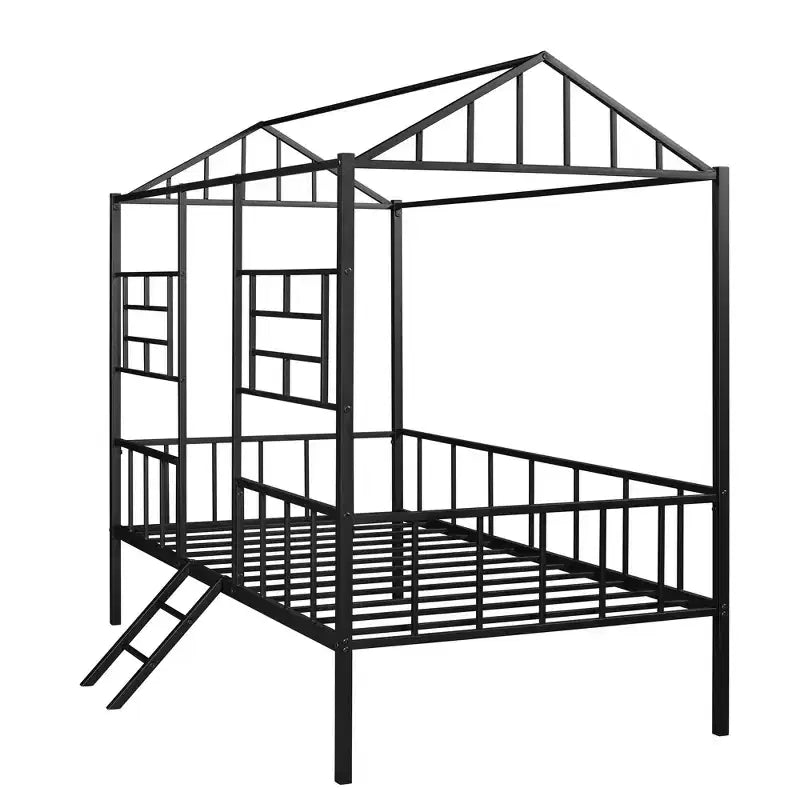 Cadre de lit plateforme double en métal | Style cabane basse, support à lattes pour enfants