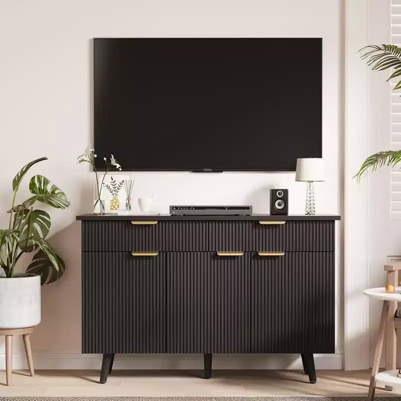 Buffet moderne cannelé de 119 cm | 3 Portes, 2 Tiroirs, Étagères réglables