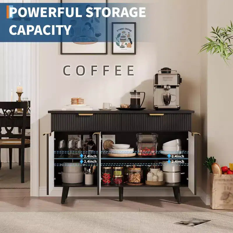 Buffet moderne cannelé de 119 cm | 3 Portes, 2 Tiroirs, Étagères réglables