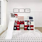 Lit mezzanine bas jumeau avec toboggan facile et rideau de camion de pompiers | Lit de chambre d'enfant