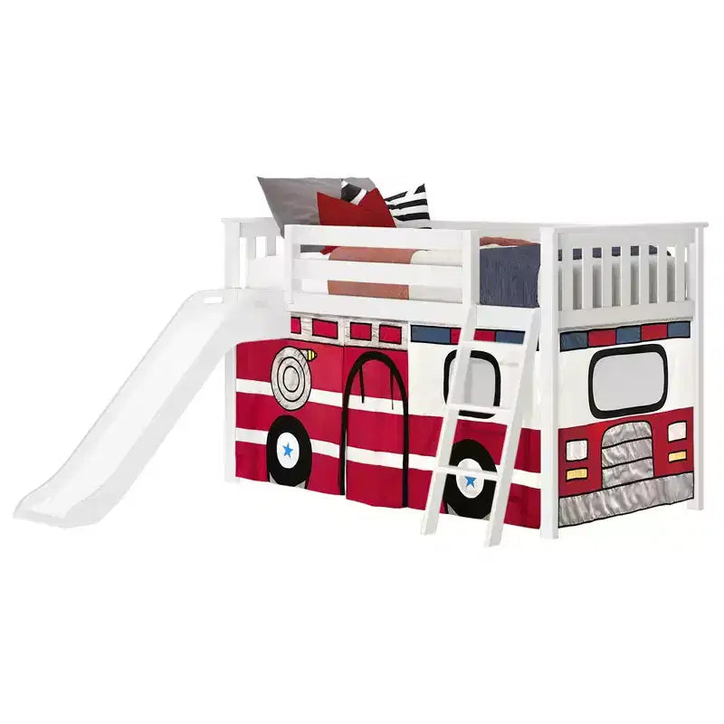 Lit mezzanine bas jumeau avec toboggan facile et rideau de camion de pompiers | Lit de chambre d'enfant