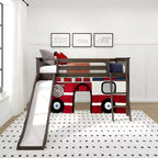 Lit mezzanine bas jumeau avec toboggan facile et rideau de camion de pompiers | Lit de chambre d'enfant