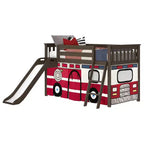 Lit mezzanine bas jumeau avec toboggan facile et rideau de camion de pompiers | Lit de chambre d'enfant