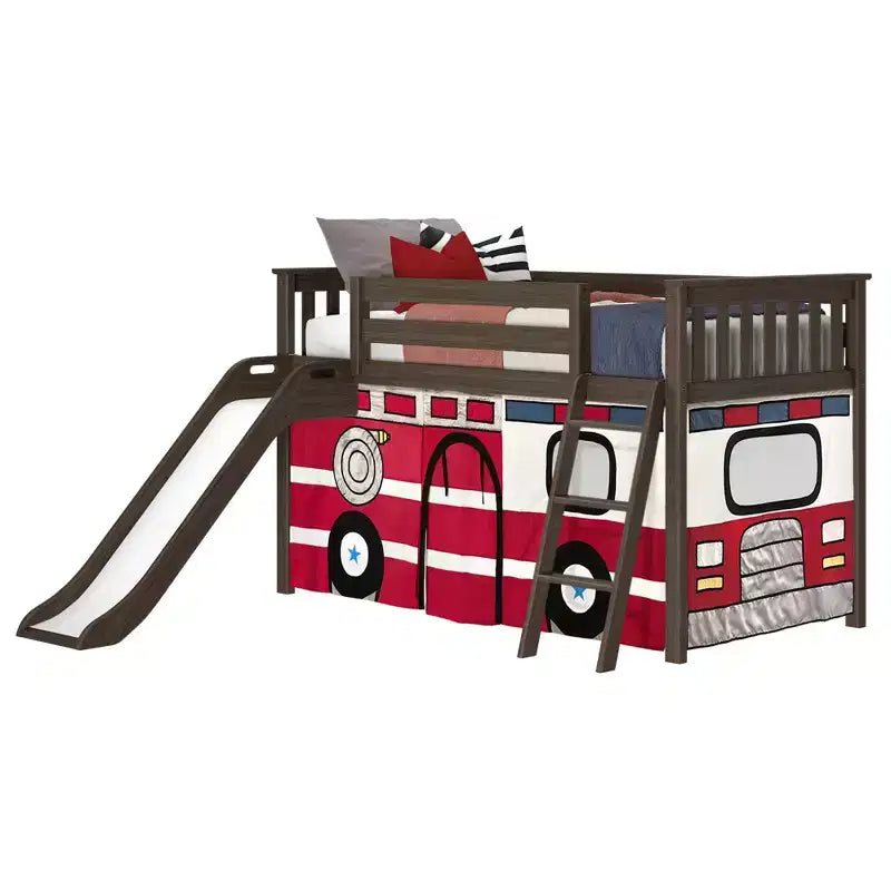 Lit mezzanine bas jumeau avec toboggan facile et rideau de camion de pompiers | Lit de chambre d'enfant