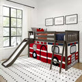 Lit mezzanine bas jumeau avec toboggan facile et rideau de camion de pompiers | Lit de chambre d'enfant