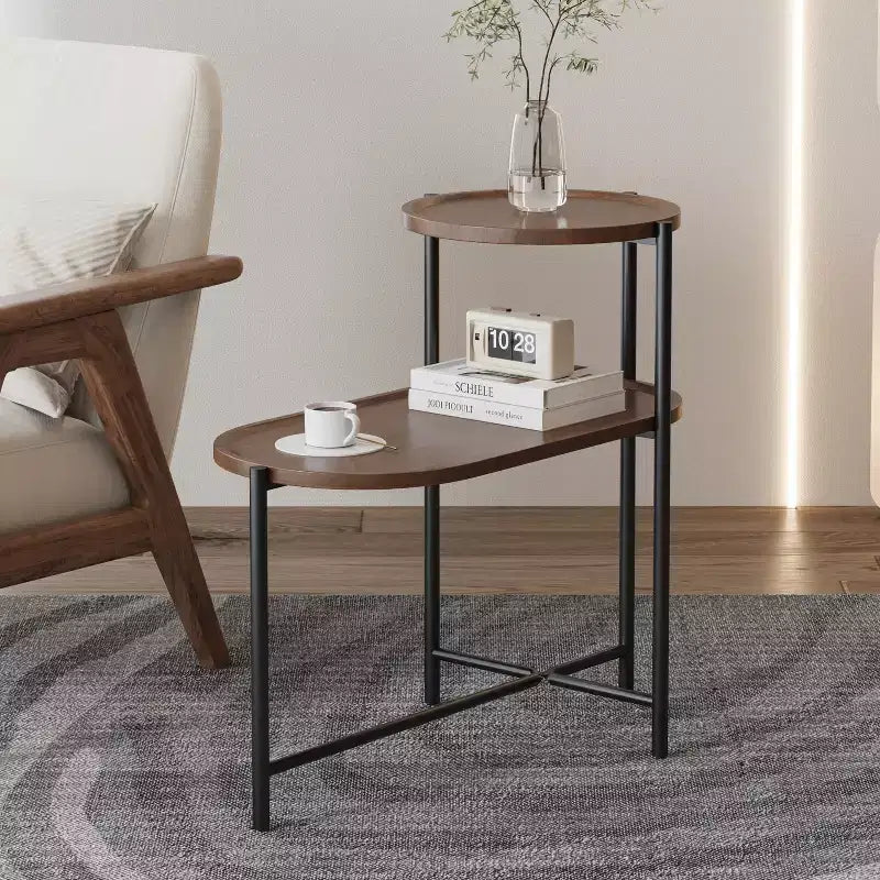 Table basse ronde à 2 niveaux avec plateau de rangement | Table d'appoint ovale en bois