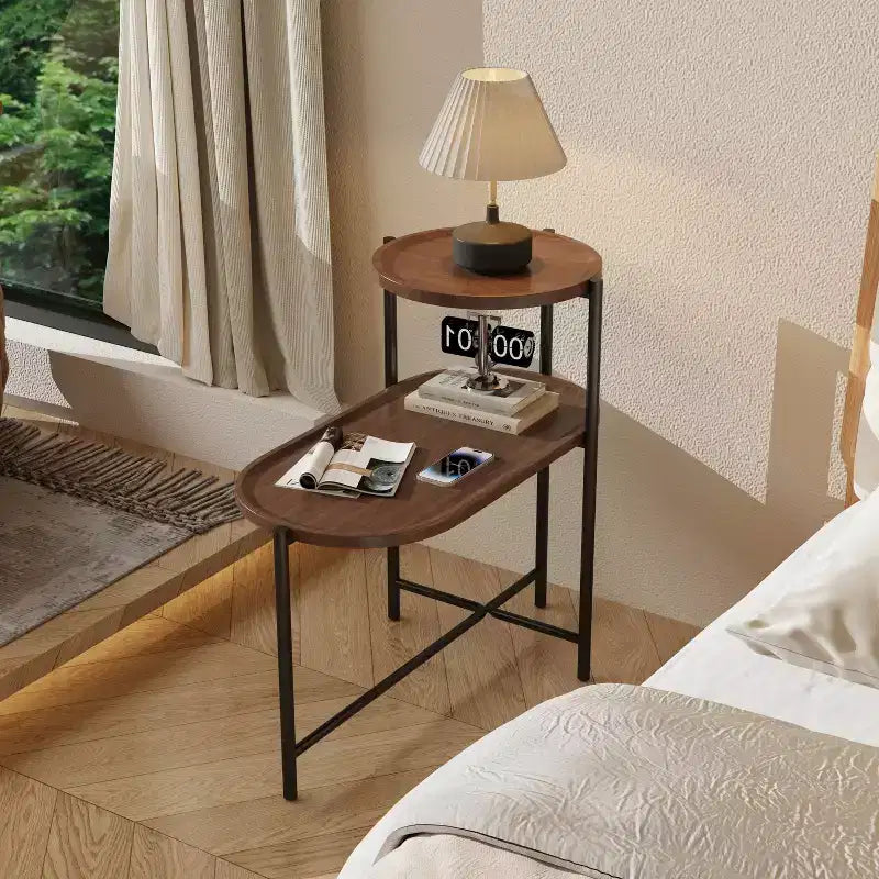 Table basse ronde à 2 niveaux avec plateau de rangement | Table d'appoint ovale en bois