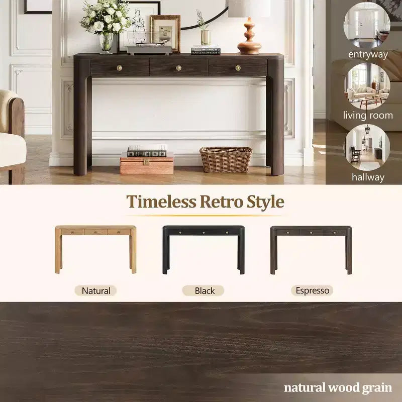 Console rustique et table d'entrée | 3 tiroirs dissimulés, pieds épais et robustes