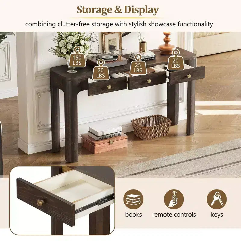 Console rustique et table d'entrée | 3 tiroirs dissimulés, pieds épais et robustes