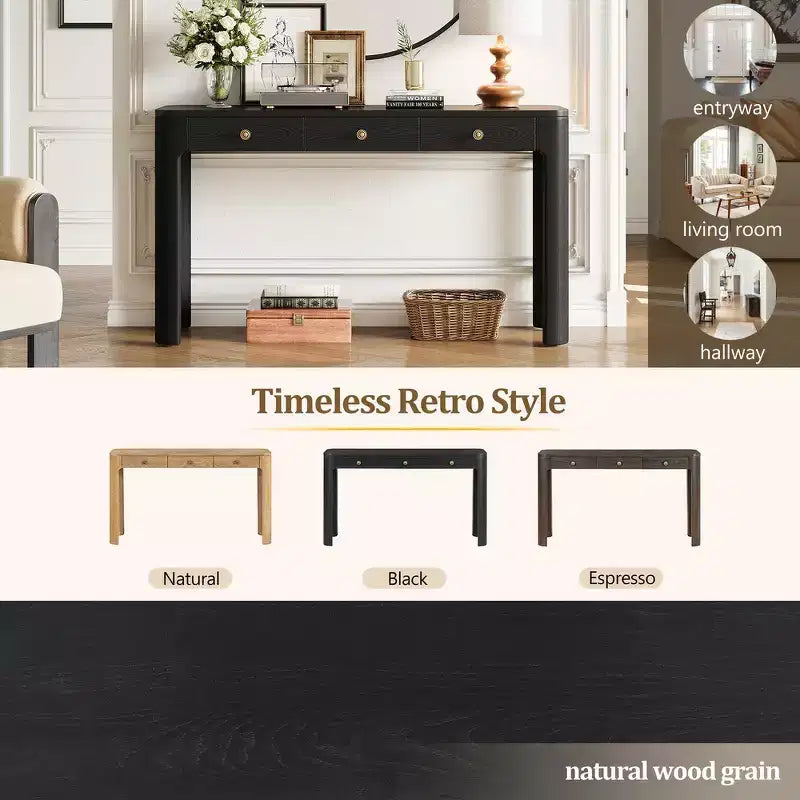 Console rustique et table d'entrée | 3 tiroirs dissimulés, pieds épais et robustes