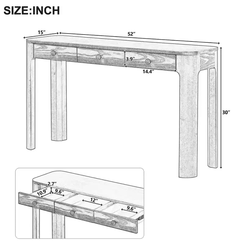 Console rustique et table d'entrée | 3 tiroirs dissimulés, pieds épais et robustes