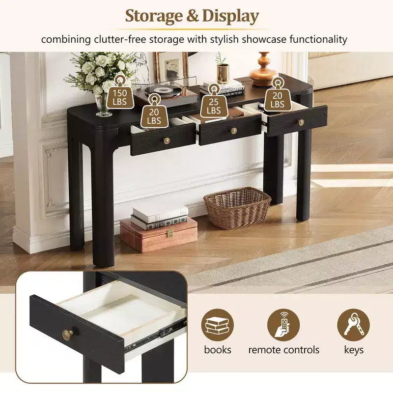 Console rustique et table d'entrée | 3 tiroirs dissimulés, pieds épais et robustes