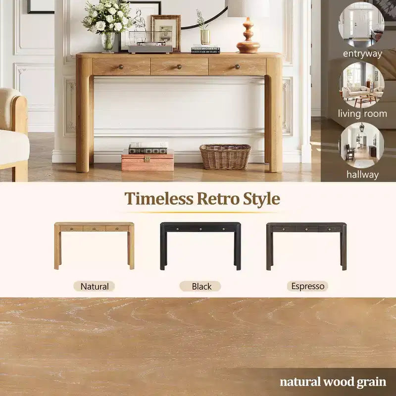 Console rustique et table d'entrée | 3 tiroirs dissimulés, pieds épais et robustes