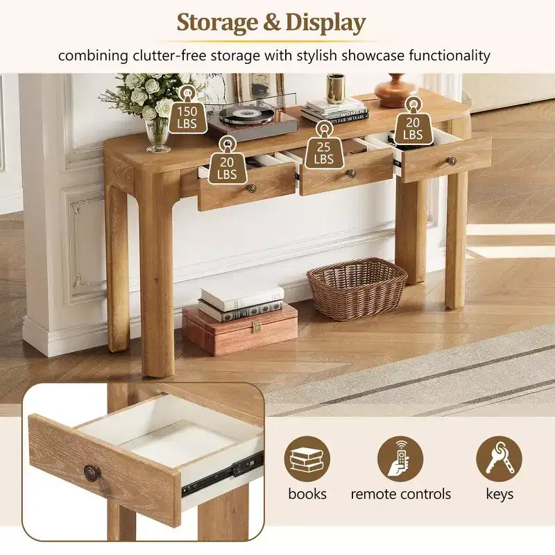 Console rustique et table d'entrée | 3 tiroirs dissimulés, pieds épais et robustes