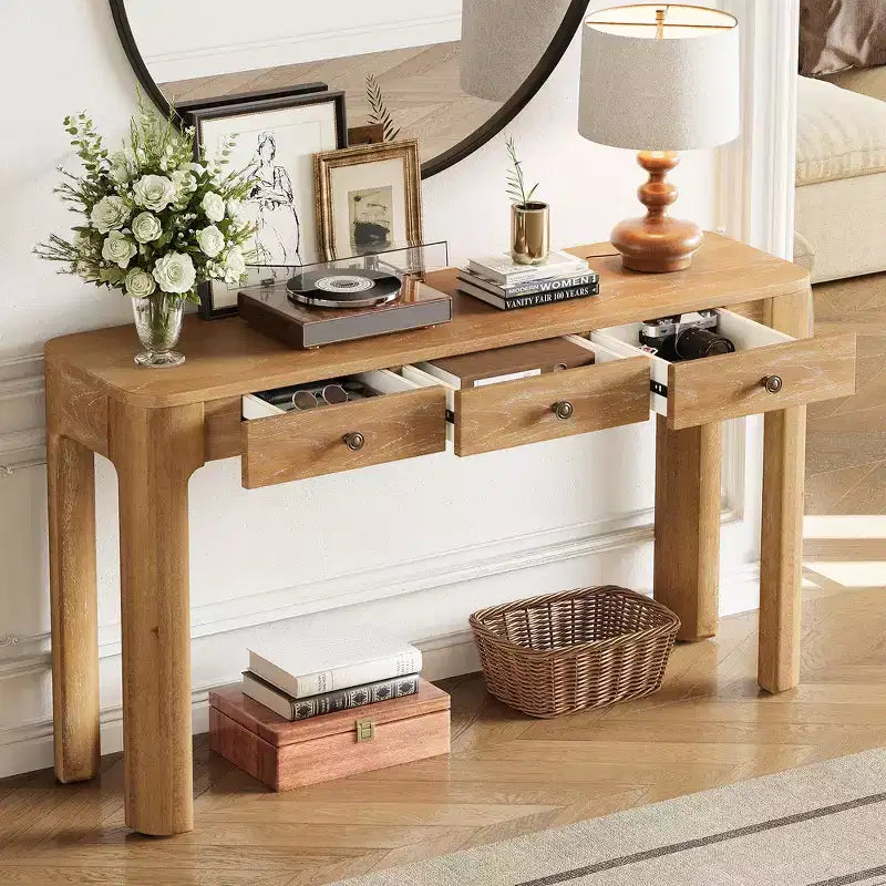 Console rustique et table d'entrée | 3 tiroirs dissimulés, pieds épais et robustes