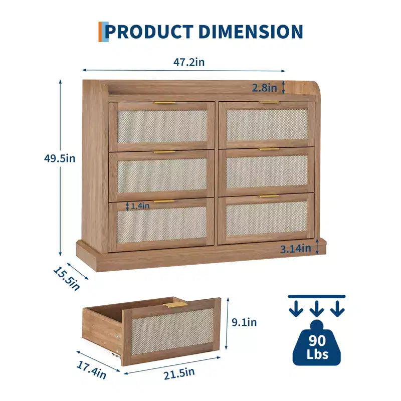 Armoire de rangement 6 tiroirs en osier | Style fermier, Plateau avec rebord surélevé