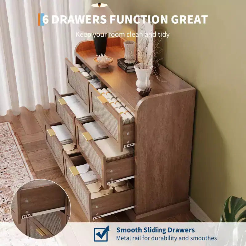 Armoire de rangement 6 tiroirs en osier | Style fermier, Plateau avec rebord surélevé