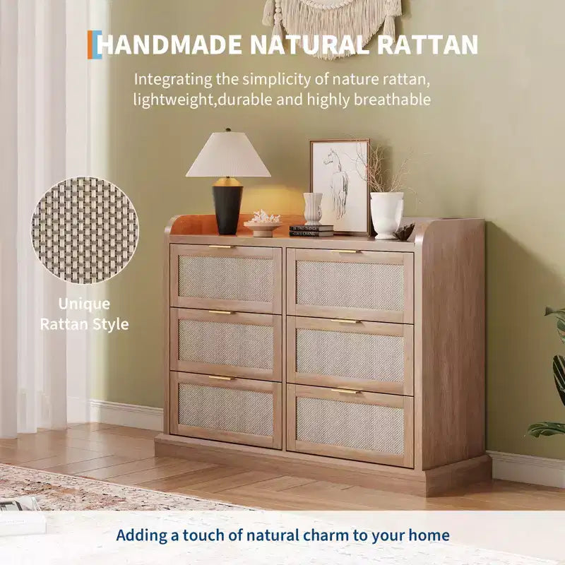Armoire de rangement 6 tiroirs en osier | Style fermier, Plateau avec rebord surélevé
