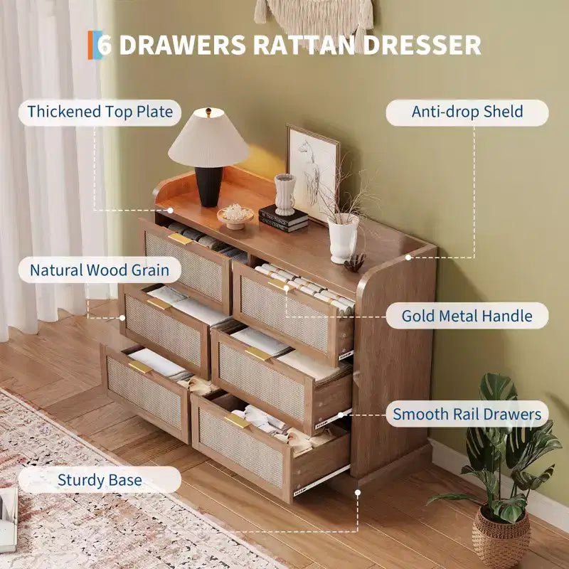 Armoire de rangement 6 tiroirs en osier | Style fermier, Plateau avec rebord surélevé