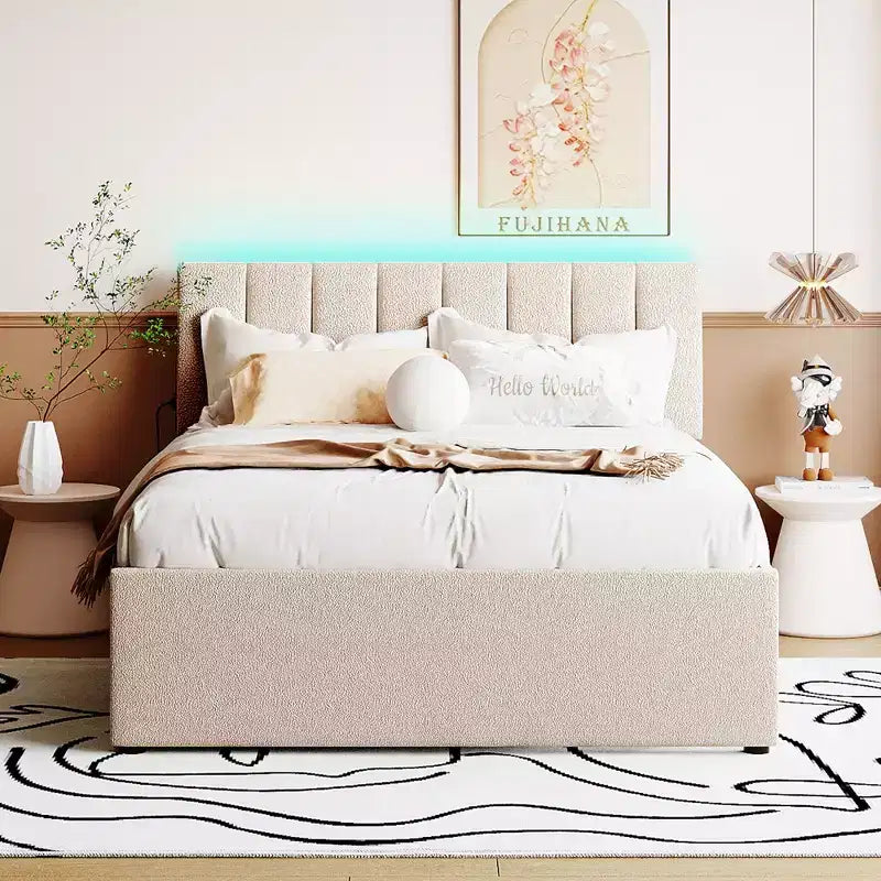 Lit plate-forme capitonné pour lit double/grand lit avec lit gigogne | Polaire Teddy & Lumière LED