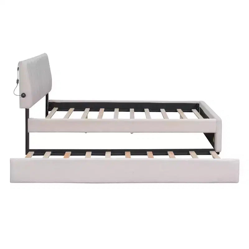 Lit plate-forme capitonné pour lit double/grand lit avec lit gigogne | Polaire Teddy & Lumière LED