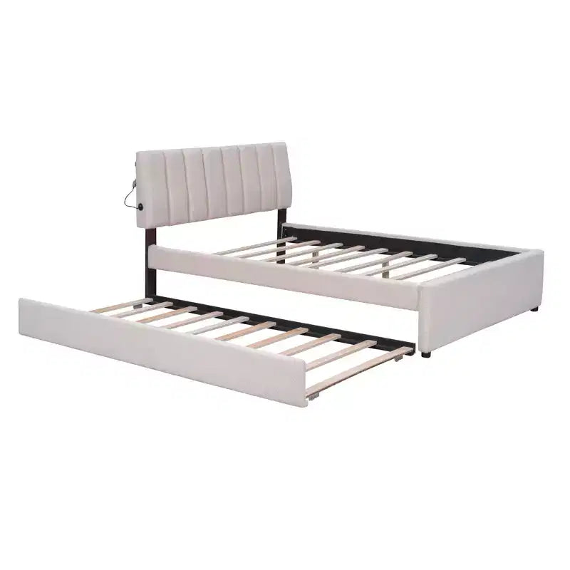 Lit plate-forme capitonné pour lit double/grand lit avec lit gigogne | Polaire Teddy & Lumière LED