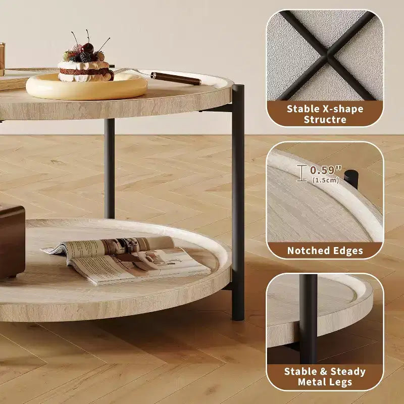 Table basse bohème ronde en bois de 74,4 cm | Table basse de ferme ronde naturelle à 2 niveaux