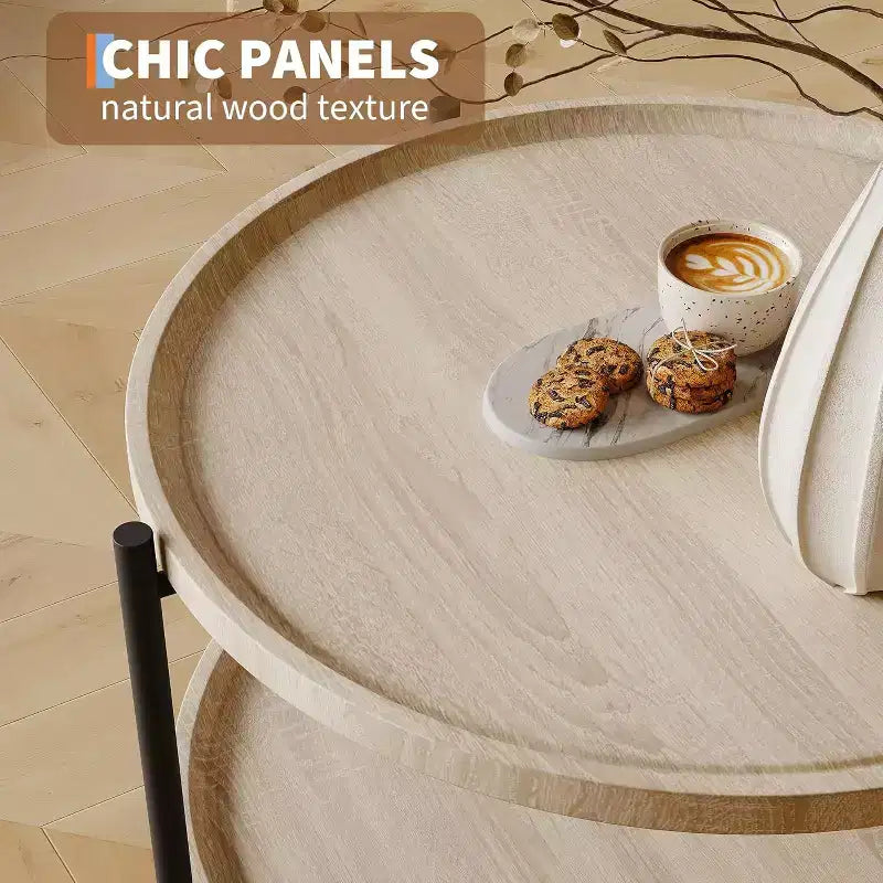 Table basse bohème ronde en bois de 74,4 cm | Table basse de ferme ronde naturelle à 2 niveaux