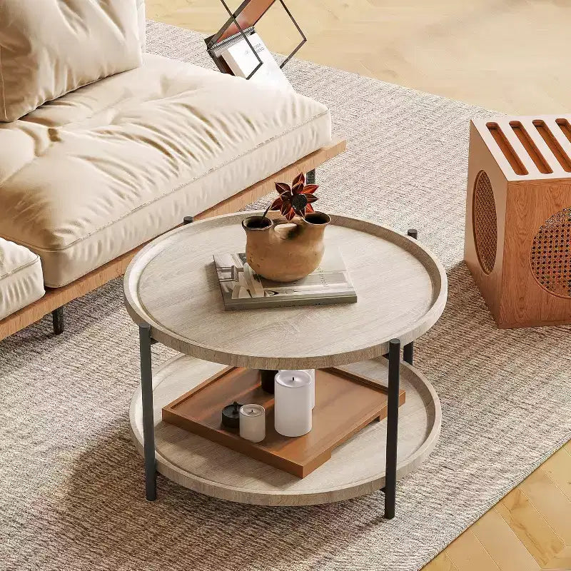 Table basse bohème ronde en bois de 74,4 cm | Table basse de ferme ronde naturelle à 2 niveaux