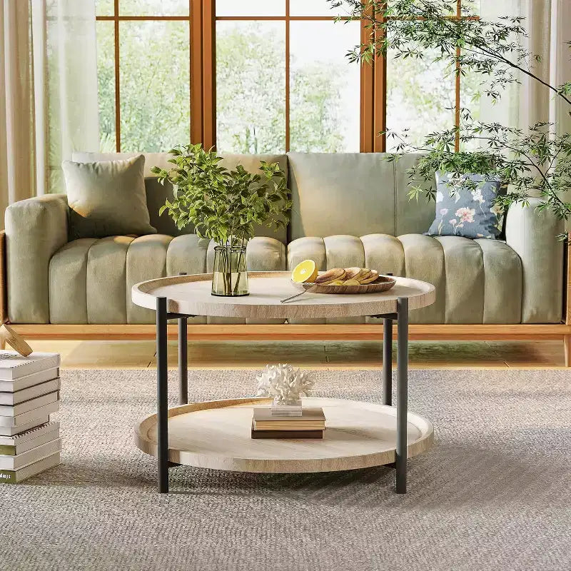 Table basse bohème ronde en bois de 74,4 cm | Table basse de ferme ronde naturelle à 2 niveaux
