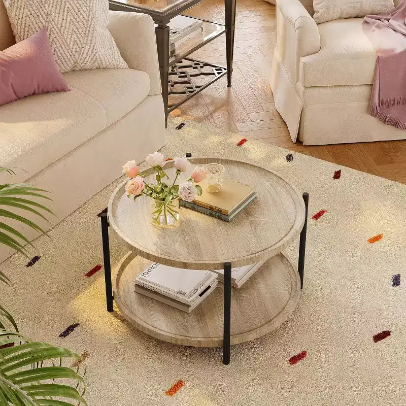 Table basse bohème ronde en bois de 74,4 cm | Table basse de ferme ronde naturelle à 2 niveaux